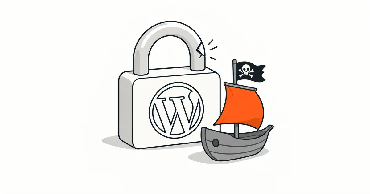 Un bateau pirate à voile orange côtoie un cadenas WordPress fissuré, symbole des risques de piratage.